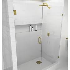 Glass Warehouse 33 75 In X 78 In Frameless Wall Hinged Shower Door In Satin Brass With Handle Gw Wh 33 75 Sb The Home Depot Frameless Shower Doors Shower Doors Frameless Shower