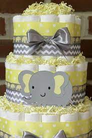 3 Tier Yellow And Gray Elephant Diaper Cake Yellow Grey Elephant Baby Shower Baby Shower Cake Sayings Baby Shower Cupcakes For Girls Baby Shower Diaper Cake