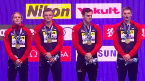 In the medley relay event, four swimmers swim 100 yards, each using a different stroke. Great Britain Seal Magnificent Gold In World Championships Medley Relay