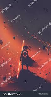 Sci Fi Character Of The Man In A Black Cape Holding The Light Sword Standing Against Red Space Background Digital Ar Sci Fi Characters Black Cape Illustration