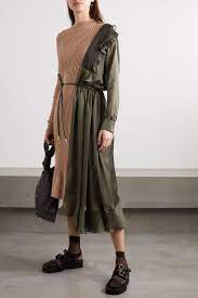 Beige Paneled Asymmetric Cotton Satin And Tulle Midi Dress Sacai Net A Porter Midi Dress Tznius Fashion Tulle Midi Dress