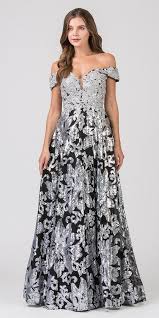 Black And Silver Evening Gowns Sequins Black Silver Long Prom Dress Off Shoulder Long Evening Gowns A Line Gown Dresses