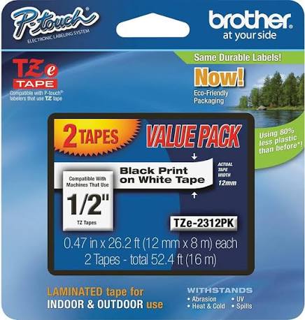 Brother P-Touch Label Tape, Black on White, 2-Pack