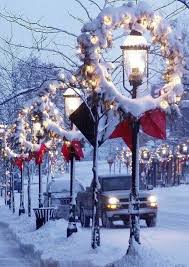 Snowy Street With Christmas Wreaths And Well Lit Street Lamps Christmas Winter Christmas Christmas Joy Christmas Lights