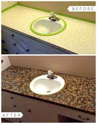 Wipe clean, then lightly roll on a coat of primer for nonporous surfaces. Updating A Bathroom Vanity Is As Easy As Sponging On Paint In A 3 Step Process Jona Bathroom Vanity Makeover Diy Bathroom Vanity Makeover Countertop Paint Kit