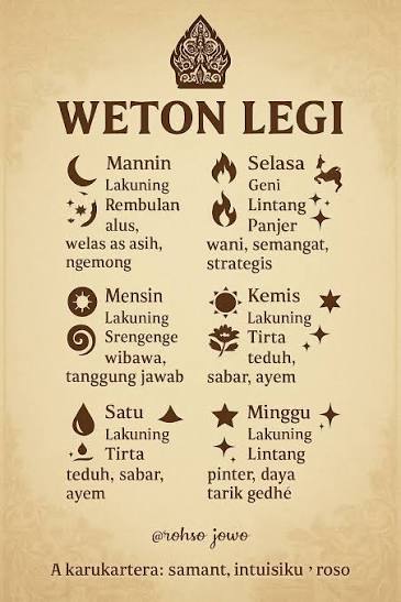 Weton Legi: Lakuning, Lintang, lan Piwulang Roso 🪷 Pambuka Pasaran Legi asring diarani pasaran sing manis, alus, lan ayem. Wong sing lair ing dina Legi diyakini nduwèni pancaran pesona lan daya tarik
