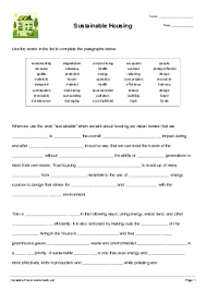 Sustainable Housing Cloze Test Worksheet Quickworksheets