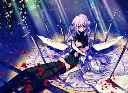 The great collection of black angel anime wallpaper for desktop, laptop and mobiles. Hd Wallpaper Anime Angel Black Hair Flower Long Hair Purple Eyes Purple Hair Wallpaper Flare