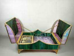 Add to favorites large vintage jewelry box chest armoire curved etched glass stained wood 4 tier 4 drawers 2 doors gray velvet rings mirror hooks vintagethumbelina 5 out of 5 stars (148. Sankyo Japan Music Box In Hand Made Stained Glass Jewelry Box Furniture Home Living Home Improvement Organization Storage Boxes Baskets On Carousell