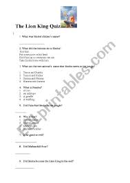 Spider quiz questions and answers consisting of over 42,000 known species, spiders are anthropods and belong to the archnids group. Lion King Movie Trivia Esl Worksheet By Felicia Jelena