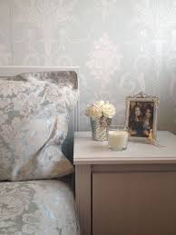 Duck Egg Bedside Table Feature Wall Damask Laura Ashley Josette Wallpaper Duvar Kagidi Duvar