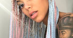 •colorful yarn hair wrap extensions; Colourful Box Braid Ideas Grey Red Pink And Blonde