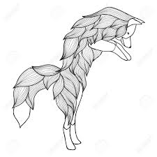 Coloring page of a fox in black & white. Vector Jumping Fox For Adult Anti Stress Coloring Pages Ornamental Tribal Patterned Illustration For Tattoo Poster Print Hand Drawn Sketch Isolated On White Background Animal Collection Royalty Free Cliparts Vectors And Stock