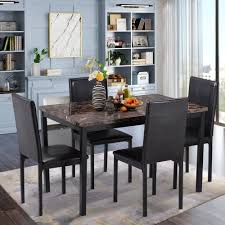 5 piece dining table set wood metal kitchen breakfast furniture w/4 chair walnut. Kitchen Table And 4 Chairs Set 42 X30 X30 Metal Kitchen Table Sets Faux Marble Rectangular Breakfast Table W Metal Legs Black Finish Frame Dining Table Sets For An Apartment Breakfast S12528 Walmart Com