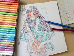 2 色鉛筆でお肌と髪の毛を重ね塗りしてみました ssぬりえより 塗り絵日記 色鉛筆 イラスト 面白いアート 色鉛筆