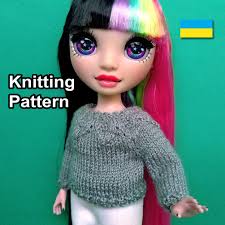 PDF Pattern Knitted Sweater for Rainbow Doll. Instructions Craft Dolls  Clothes. Knitting Tutorial Pullover. How Make Doll Shirt.