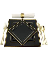 Black And Gold Plastic Plates Square Black And Gold Rim Disposable Plastic Plates Pack Of 20 10 9 5 Dinner Plates 10 6 5 S Plastic Plates Wedding Disposable Plastic Plates Plastic Plates