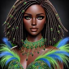 African woman in beaded dress with locs