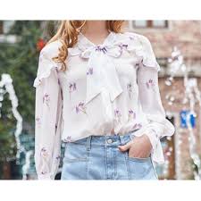 بلوزة شيفون طويلة ابيض برسمة الأزهار البنفسجية Fashion Women S Top Ruffle Blouse