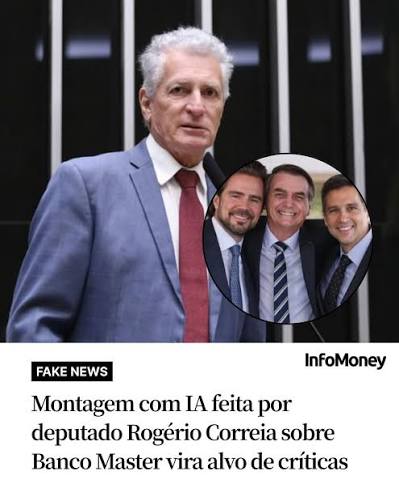 CONTEÚDO FOI APAGADO APÓS CRÍTICAS O deputado federal Rogério Correia (PT-MG) publicou e depois apagou uma imagem gerada por IA que associava o ex-presidente Jair Bolsonaro (PL), o empresário Daniel Vorcaro, dono