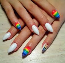 Rainbow Pride Colors White Nail Polish Manicure Ideas Wooden Table In 2020 Rainbow Nails Design Rainbow Nails Rainbow Nail Art Designs