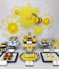 You can decorate the table with lovely polka dot, striped, or solid colored cutlery and china. A Sweet As Honey Bee Birthday Party Desserts Table Bee Birthday Party Honey Bee Birthday Party Bee Themed Birthday Party
