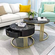 Nordischer stil couchtisch gold metall weiss marmor wohnzimmer akzent tisch mit runder platte 2er set couchtische wohnzimmermobel mobel : Amazon De Zrxian Kaffeetische Runder Schwarzer Marmor Couchtisch Mit Schublade Fur Wohnzimmer Buro