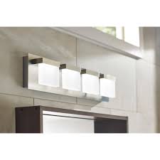 Mirrors with lights free shipping over $35 wayfair. Home Decorators Collection Alberson Collection 4 Light Brushed Nickel Led Vanity Light With Frosted Acrylic Shade 28025 Hbu The Home Depot In 2021 Bathroom Light Bar Bathroom Lighting Unusual Bathrooms