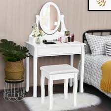 Unbrand Bedroom Wooden Mirrored Makeup Vanity Set Stool Table Set White