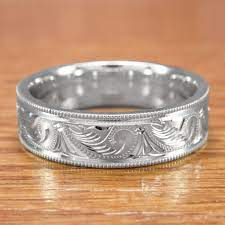 Men S 6 5mm Wide Vintage Engraved Scrolls Western Wedding Band In 14k White Gold Western Wedding Bands Mens Antique Wedding Bands Antique Wedding Bands