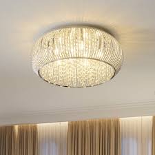 Flush mount smart led ceiling light,2.4g wifi ,12inch,20w 3000~6500k white light +4w rgb ambiance back light, app control, compatible with alexa &google home,for bedroom, entertain room. Drum Bedroom Flush Mount Light Crystal Strand 8 Lights Simple Style Ceiling Lamp In Chrome Beautifulhalo Com