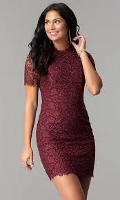 Sleeved Wine Red Lace Short Party Dress Promgirl