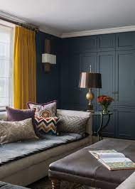 Dark Blue Panelling Contrasts With Mustard Yellow Curtains In A Traditional Country Living Yellow Curtains Living Room Living Room Grey Living Room Decor Gray