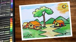 Twisted trees and grassy platforms support and provide a ground for the bumpy platforms. How To Draw Village Scenery Drawing Using Color Pencil Step By Step Village House Scenery Drawing Youtube