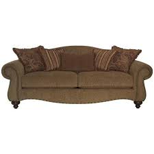 Wonderfully shaped classic camel back sofa having mahogany legs and stretcher, upholstered in a neutral taupe fabric. I1uwsz43pso58m