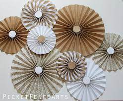 Kraft Brown And White Paper Rosettes Paper Fans Backdrop Etsy Paper Rosettes Paper Fan Decorations Paper Fans