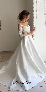 Illusion Long Sleeves Lace Top A Line Satin Wedding Dresses Bridal Go Berryera Weddingdresse Bridal Dresses Wedding Dresses Satin Wedding Dress Long Sleeve