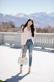 How To Wear A Blazer With Jeans And Heels Torn Jeans With Heels And Cream Blazer Fashion Jeans Style Blazer Fashion And Style Womens Fashion Pink Blazer Outfits Balmain Blazer Outfits Pink Blazer