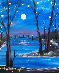 Bridge Over Water And Starry Night Beginner Painting Idea Diy Art Projects Canvas Painting Simple Acrylic Paintings