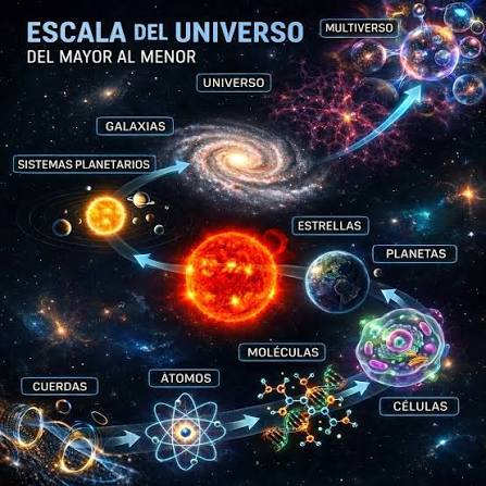 La escala del universo: de lo más pequeño a lo más grande  Desde  cuerdas y átomos, pasando por moléculas y células, hasta planetas, estrellas,  galaxias y el universo entero… Esta imagen