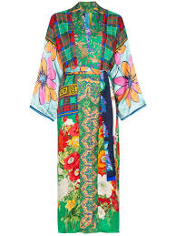 Rianna Nina Long Multi Floral Check Print Silk Kimono Robe Farfetch Silk Kimono Robe Silk Kimono Kimono Fashion