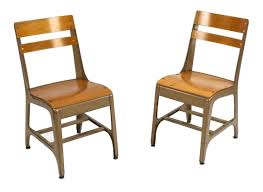 Two Matching Vintage American Industrial Four Legged Low Lying Salvaged Chicago Public School Wood And Metal Chairs With Maple Seats And Backrests Metal Chairs Vintage Metal Chairs Chair