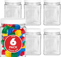 Plastic Storage Jars (6 Pack) - 32 Oz Square Plastic Canisters with Lids -  Shatterproof Plastic Storage Jars with Lids - Reusable Wide Mouth Clear ...