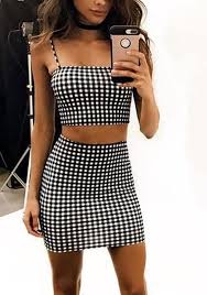Black And White Crop Top And Skirt Set Black White Plaid Spaghetti Straps Backless Two Piece Bodycon Cute Mini Dress Fashion Outfits Crop Top Outfits 2 Piece Outfits