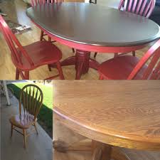 Make a home furnishings was cultivated from the need to do something with the items that were sitting in the warehouse and needed a fresh new look. Upcycled 90s Oak Dining Set Used Gel Stain For Table Top And Milk Paint For The Bottom Half And Chair Dining Chair Makeover Oak Dining Sets Oak Dining Chairs