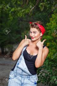 Shop our selection of womens bandanas and grab your favorite today! Beautiful Pin Up Girl In Denim Overalls And A Red Bandana Give A Thumbs Up Stock Photo Picture And Royalty Free Image Image 22139817