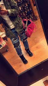 Laid Back But Cute Outfit For The Fall Winter Crooks And Castle Shirt Olive Long Jacket Ripped Jeans W Leggi Ripped Jeans Cute Outfits Cold Weather Outfits