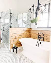 Tiling your bathroom walls is an effective way to protect the room from day to day exposure to water and steam while adding interest and beauty at the perhaps you like the idea of a tile accent on the wall, but are looking for a little more drama than a small border will provide. 20 Modern Farmhouse And Cottage Bathroom Tile Ideas Farmhouse Master Bathroom Bathroom Remodel Master Beautiful Small Bathrooms