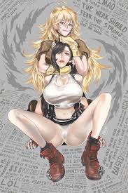 ishiki, tifa lockhart, yang xiao long, final fantasy, final fantasy vii,  rwby, highres, tagme, 2girls, breasts, cameltoe, catfight, choke hold,  defeat, headlock, miniskirt, multiple girls, newspaper, panties, pantyshot,  ryona, sitting, skirt, spread