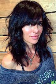 Feathered Bangs Medium Length Hairstyle For Women Mediumlengthblackhairstyles Hair Styles Medium Length Hair With Bangs Thick Hair Styles